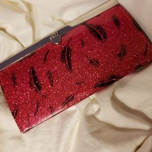 Pink glitter w/ black feathers snap shut wallet